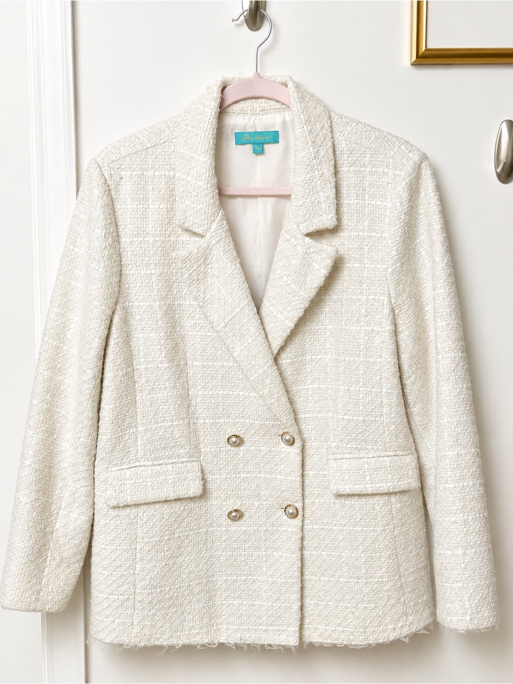 Fresh Twist Textured Cream Bouclé Double-Breasted Blazer with Gold Buttons